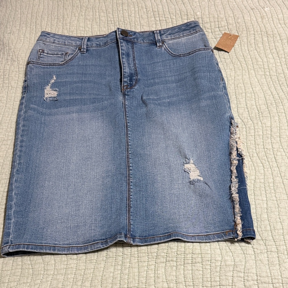 NWT RACHEL Rachel Roy Light Blue Distressed Denim Midi Skirt